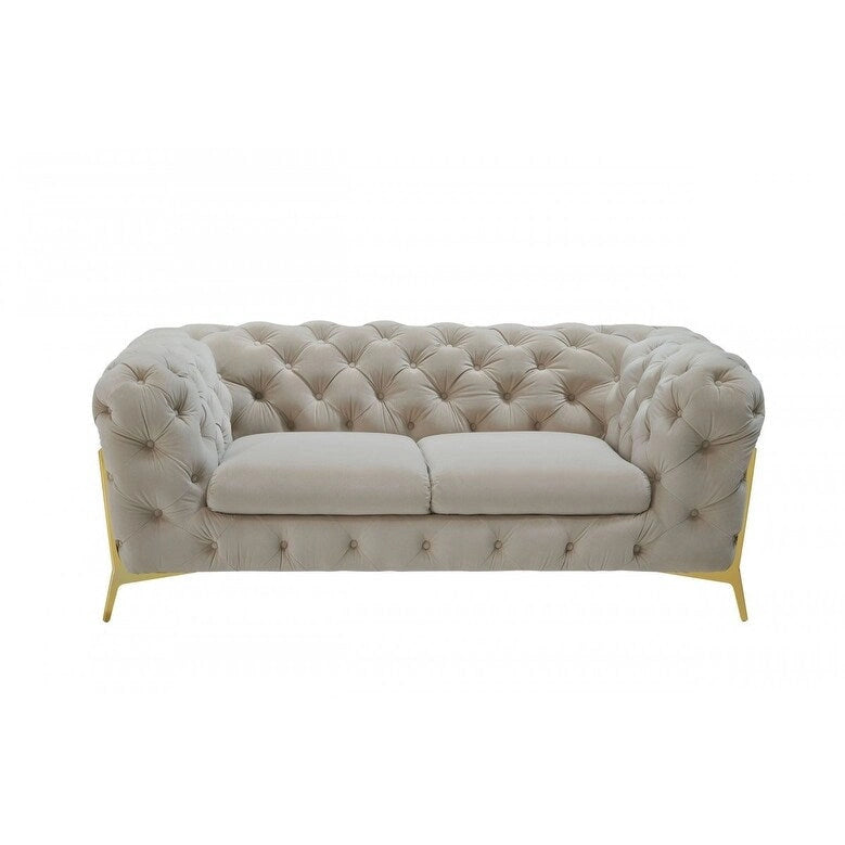 74" Beige and Gold Velvet Chesterfield Loveseat