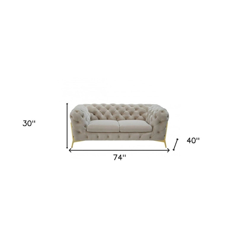 74" Beige and Gold Velvet Chesterfield Loveseat