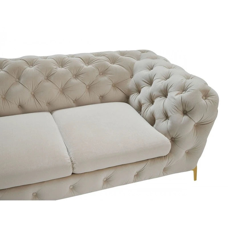 74" Beige and Gold Velvet Chesterfield Loveseat