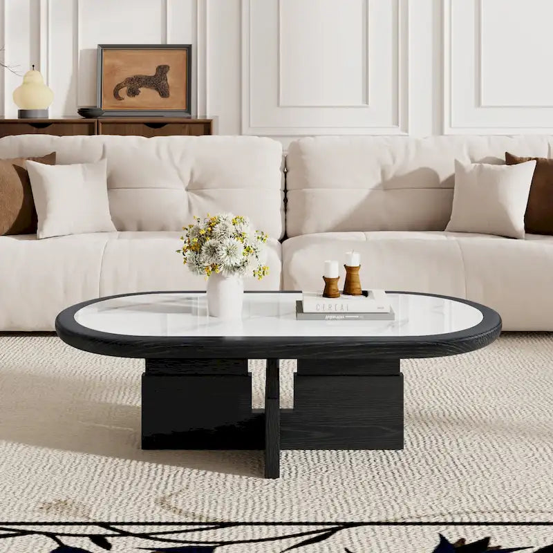 Mid Century 47.24 Oval Coffee Table, Black Solid Wood Veneer with White Glossy Sintered Stone Table top