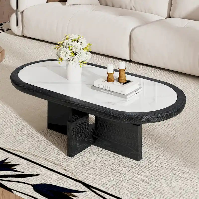 Oválný konferenční stolek ve stylu Mid Century, 120 cm, černá dýha z masivního dřeva s bílou lesklou deskou ze slinutého kamene