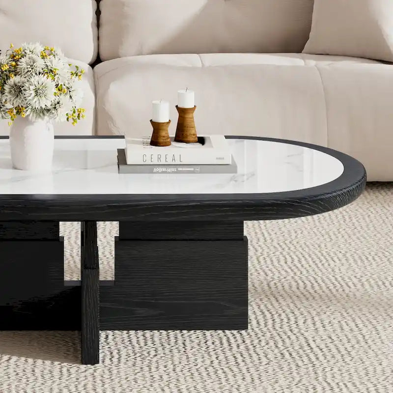 Oválný konferenční stolek ve stylu Mid Century, 120 cm, černá dýha z masivního dřeva s bílou lesklou deskou ze slinutého kamene