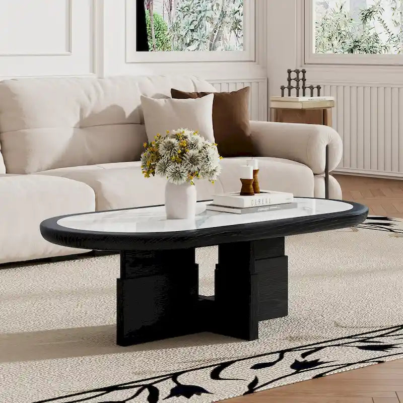 Mid Century 47.24 Oval Coffee Table, Black Solid Wood Veneer with White Glossy Sintered Stone Table top