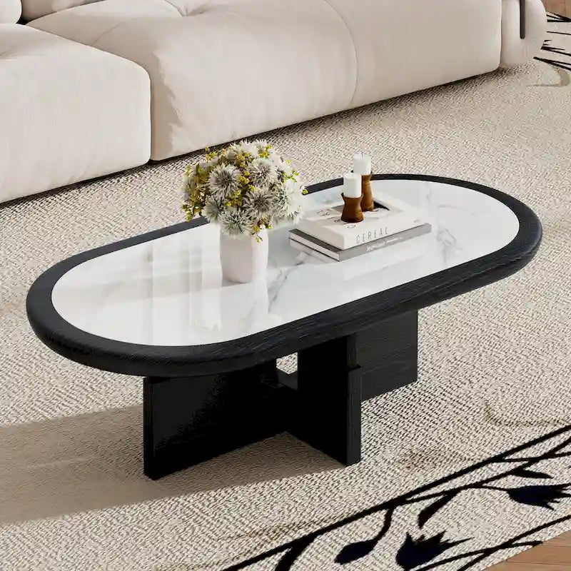 Mid Century 47.24 Oval Coffee Table, Black Solid Wood Veneer with White Glossy Sintered Stone Table top