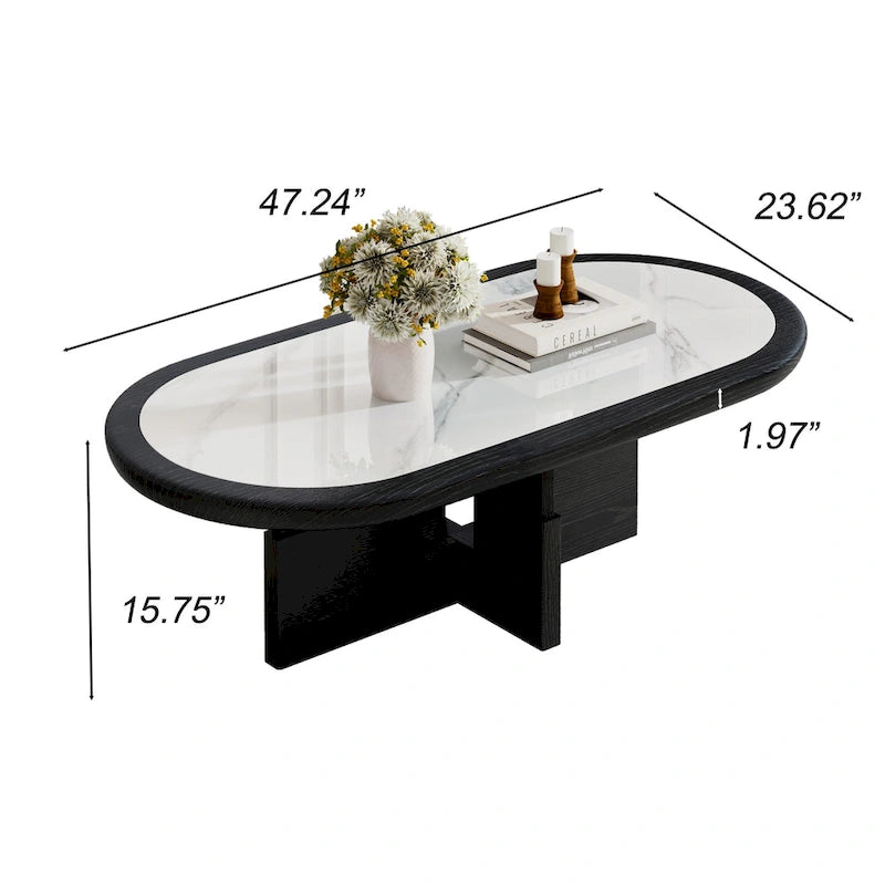 Oválný konferenční stolek ve stylu Mid Century, 120 cm, černá dýha z masivního dřeva s bílou lesklou deskou ze slinutého kamene