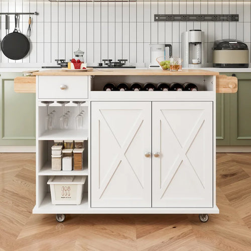 44 W Kitchen Island Cart With Storage, Rolling Side Table On Wheels With Drop Leaf, Wine Rack, Spice Rack, Glass Holder