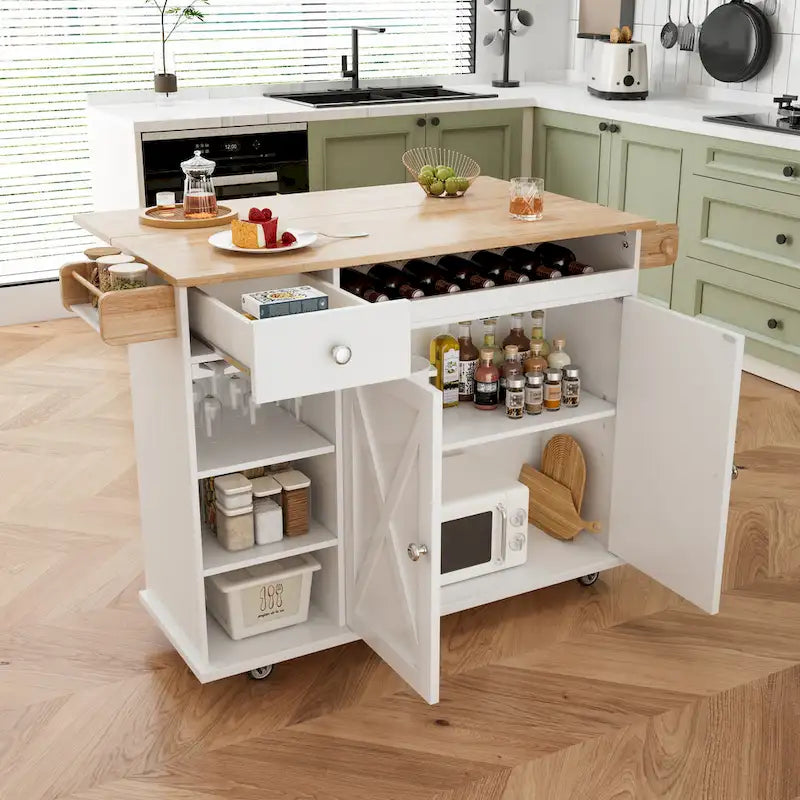 44 W Kitchen Island Cart With Storage, Rolling Side Table On Wheels With Drop Leaf, Wine Rack, Spice Rack, Glass Holder