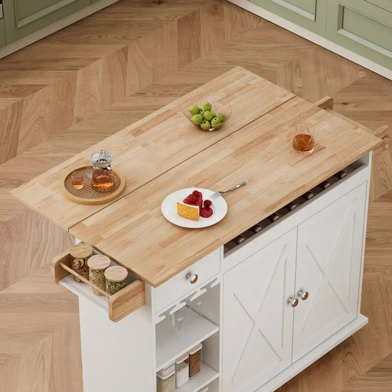 44 W Kitchen Island Cart With Storage, Rolling Side Table On Wheels With Drop Leaf, Wine Rack, Spice Rack, Glass Holder