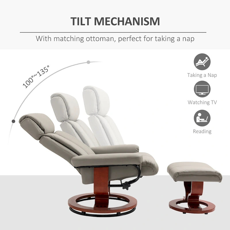 Modern Swivel Recliner Chair PU Leather Lounge Chair with Ottoman, Wood Base and Adjustable Headrest for Living Room, Office