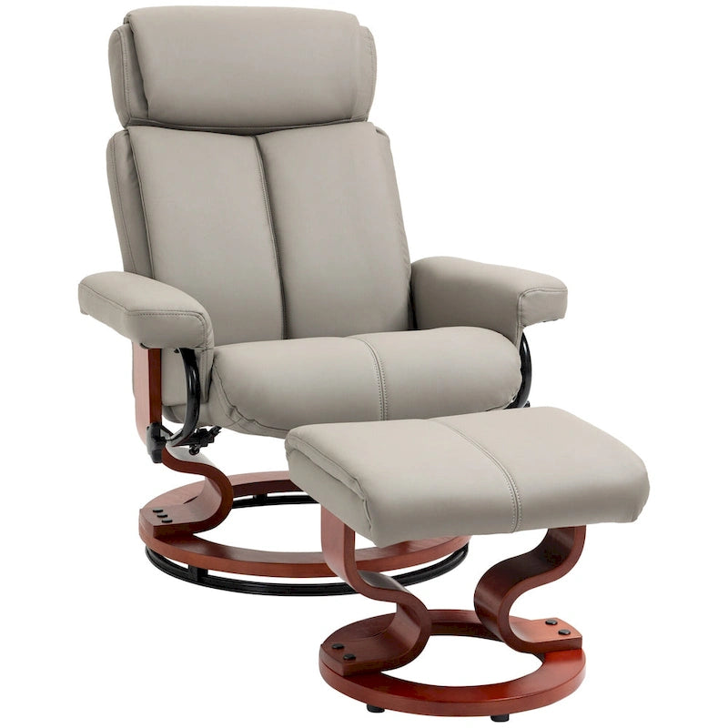 Modern Swivel Recliner Chair PU Leather Lounge Chair with Ottoman, Wood Base and Adjustable Headrest for Living Room, Office
