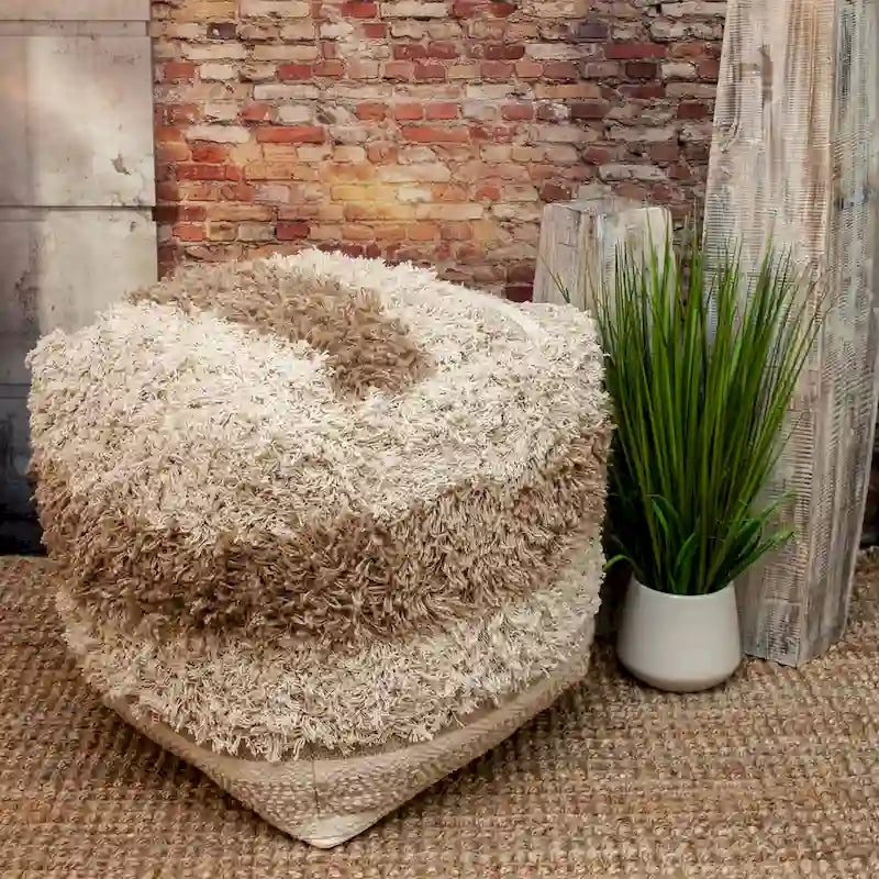 Striped Pouf Ottoman - 18 - Beige and Brown