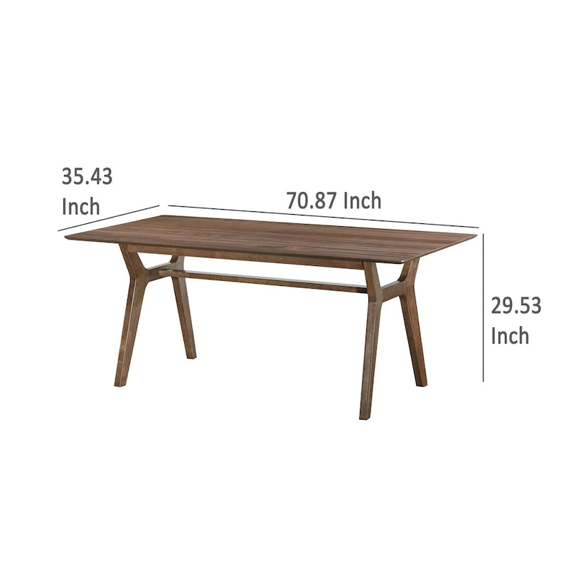 71-Inch Retro Dining Table – Brown Solid Rubberwood with Angled Legs