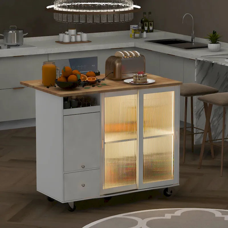 Kitchen Island with Drop Leaf & LED Light (No Stool)