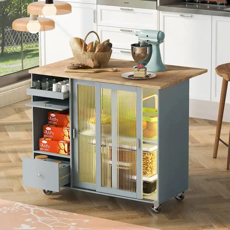Kitchen Island with Drop Leaf & LED Light (No Stool)