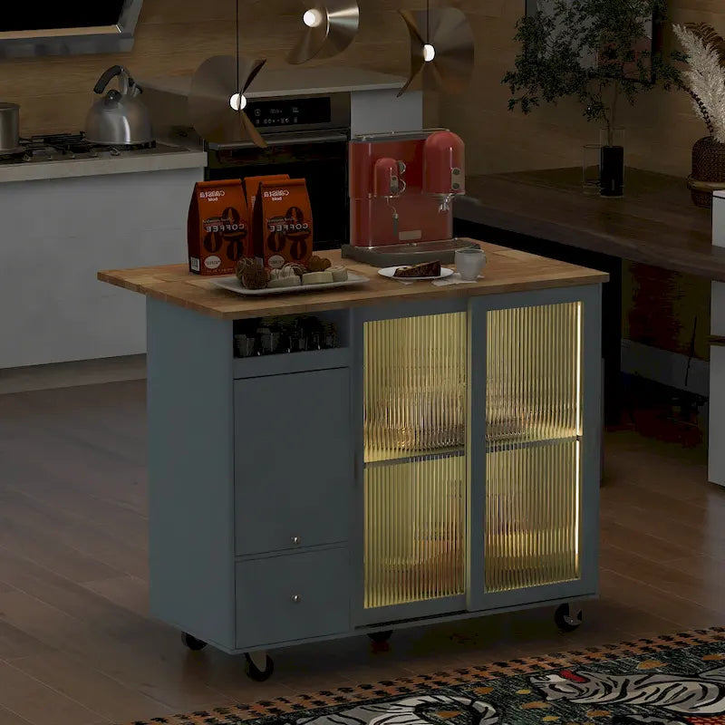 Kitchen Island with Drop Leaf & LED Light (No Stool)