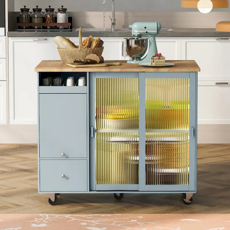 Kitchen Island with Drop Leaf & LED Light (No Stool)