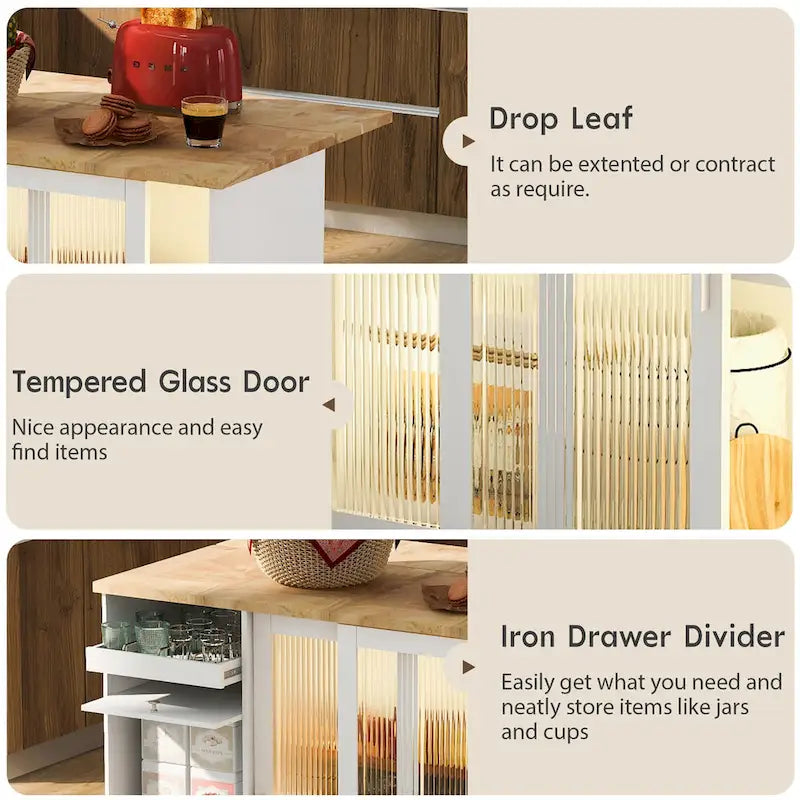Kitchen Island with Drop Leaf & LED Light (No Stool)