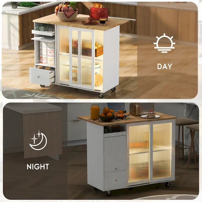Kitchen Island with Drop Leaf & LED Light (No Stool)