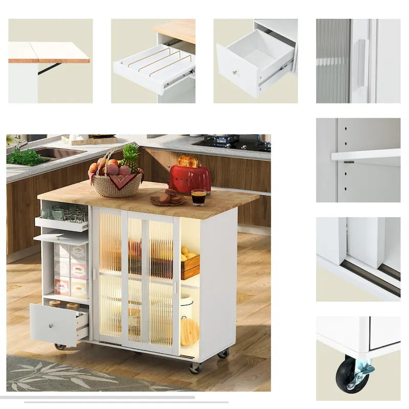 Kitchen Island with Drop Leaf & LED Light (No Stool)