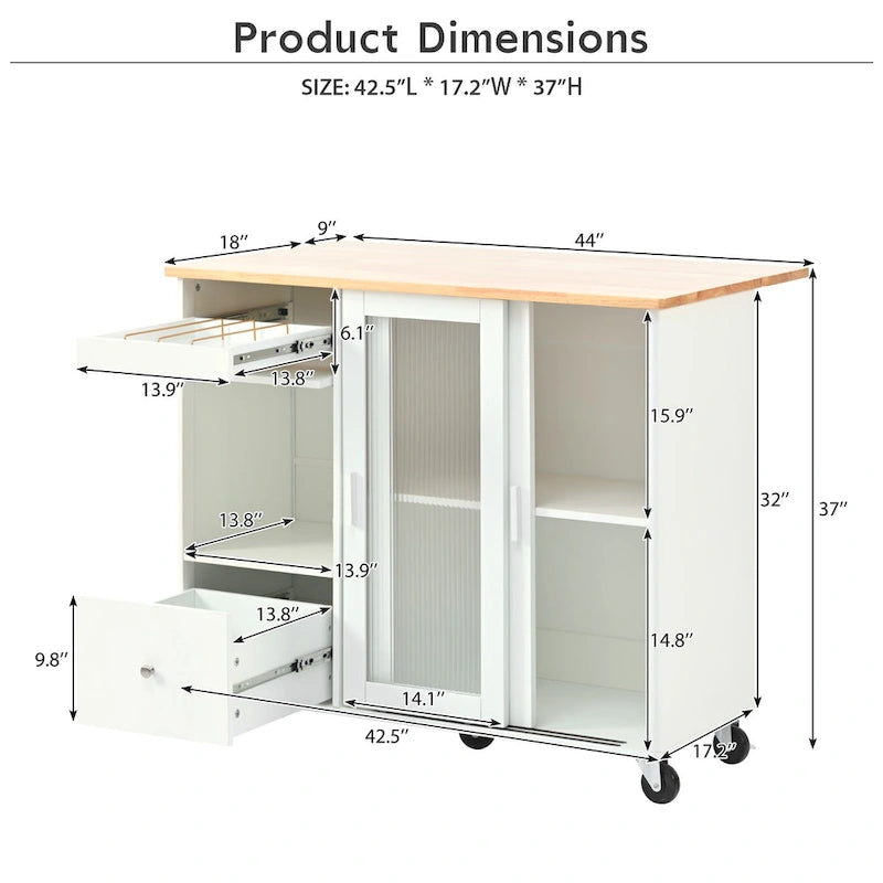 Kitchen Island with Drop Leaf & LED Light (No Stool)