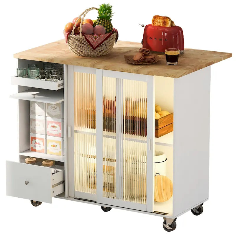 Kitchen Island with Drop Leaf & LED Light (No Stool)