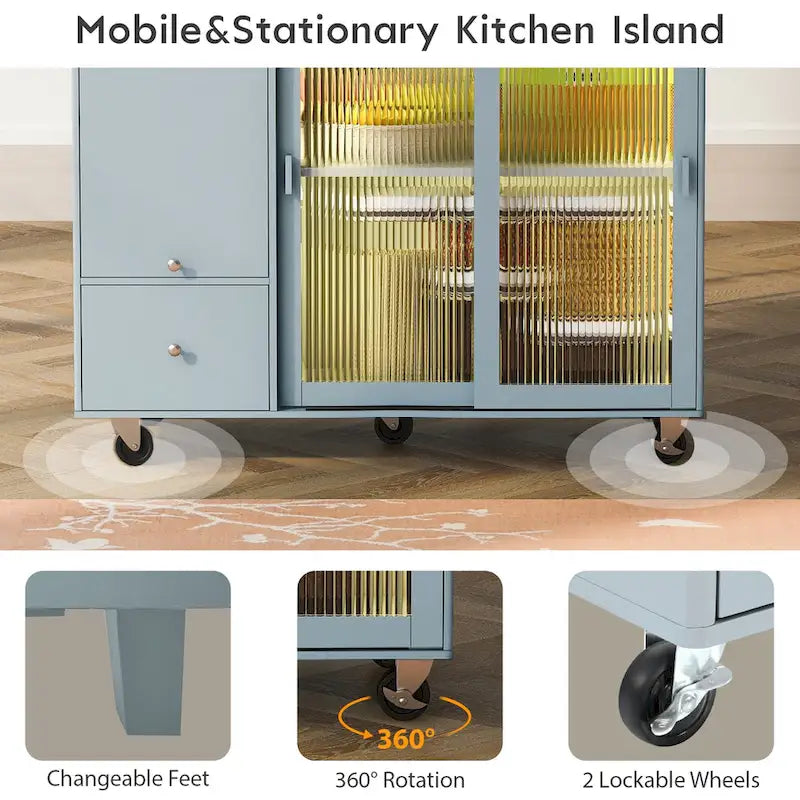 Kitchen Island with Drop Leaf & LED Light (No Stool)