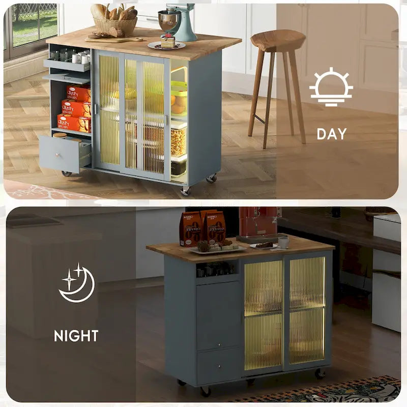 Kitchen Island with Drop Leaf & LED Light (No Stool)
