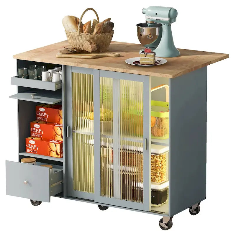 Kitchen Island with Drop Leaf & LED Light (No Stool)