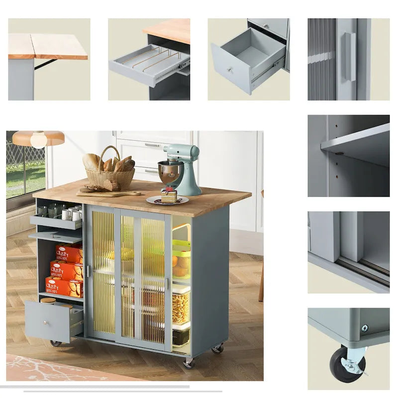 Kitchen Island with Drop Leaf & LED Light (No Stool)