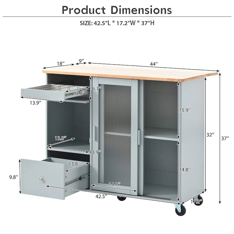 Kitchen Island with Drop Leaf & LED Light (No Stool)