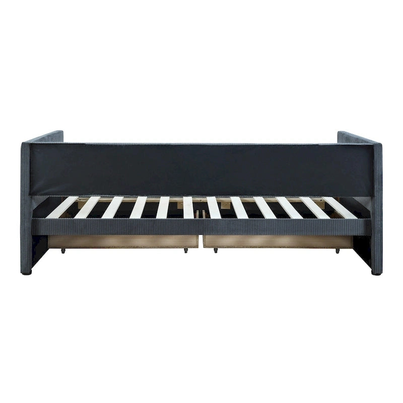 Grey Corduroy Twin Daybed with Drawers and Wood Slat Support