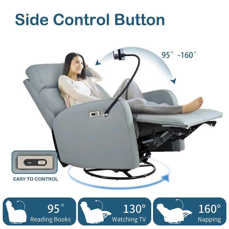 PU Power Swivel Recliner Chair with 270 Rotation, Electric 95-160 Recline and Dual USB Ports - 330lb Capacity