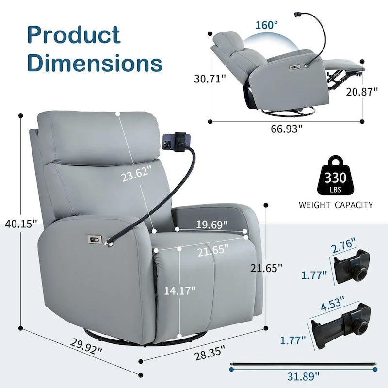 PU Power Swivel Recliner Chair with 270 Rotation, Electric 95-160 Recline and Dual USB Ports - 330lb Capacity