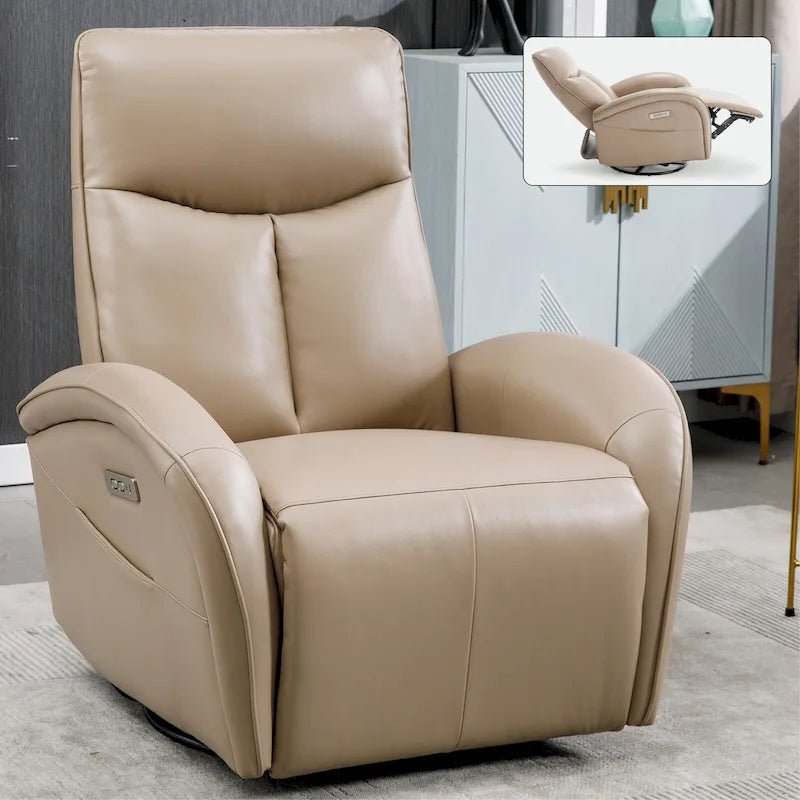 Blue Genuine Leather Power Recliner with Swivel & USB Charging