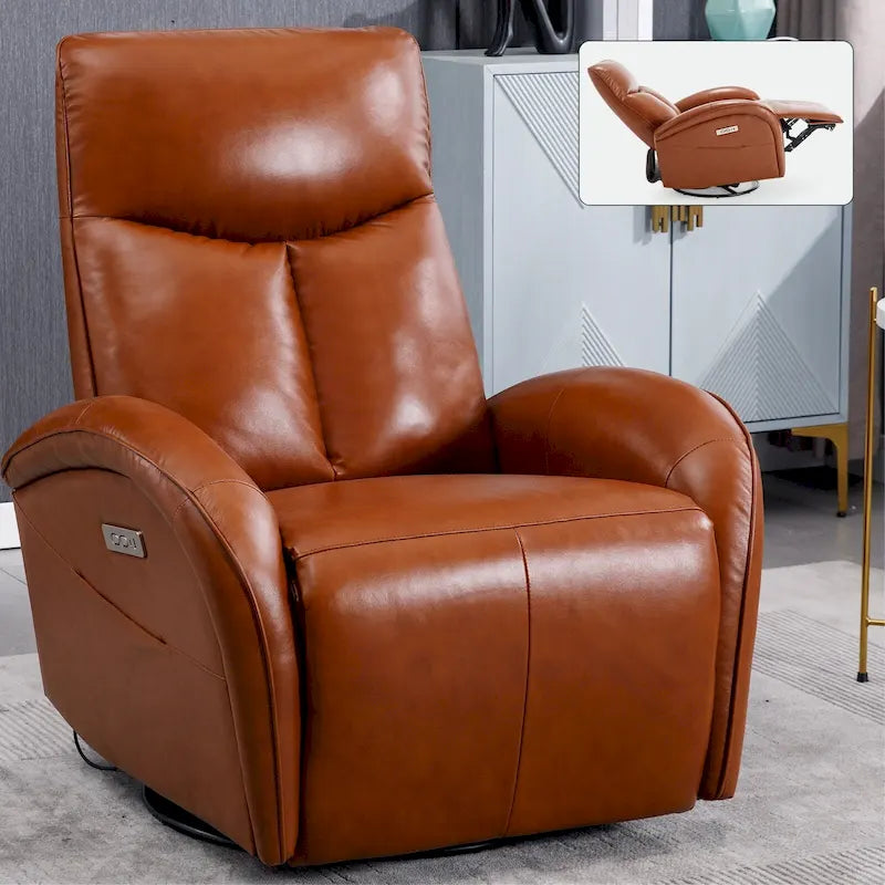Blue Genuine Leather Power Recliner with Swivel & USB Charging