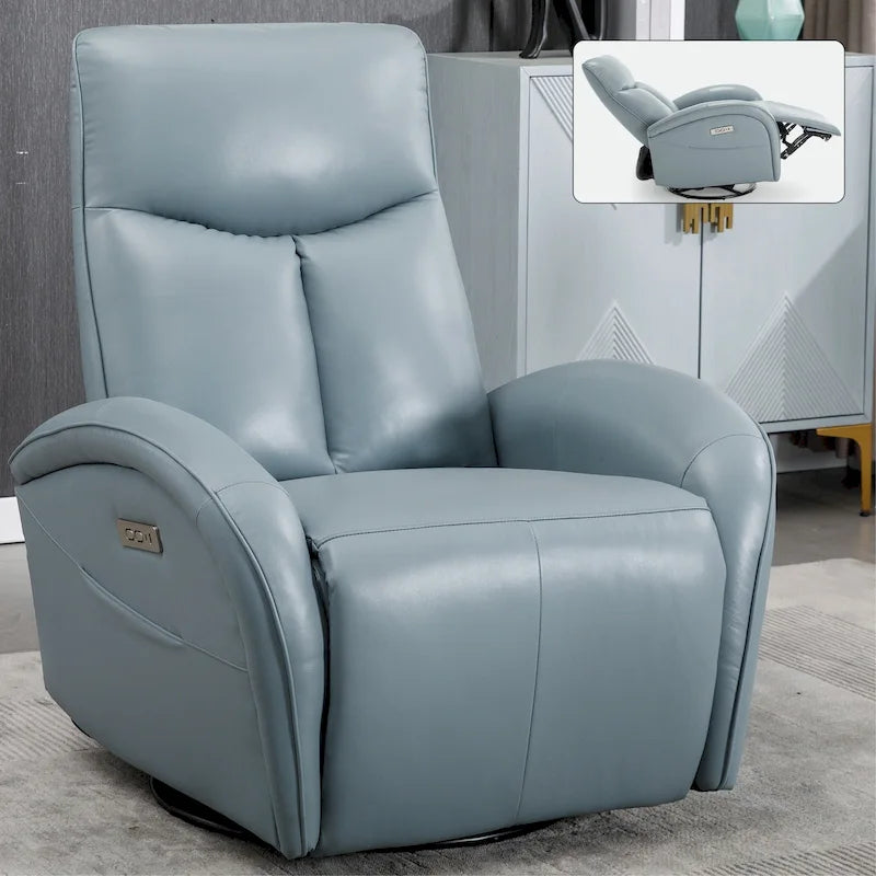 Blue Genuine Leather Power Recliner with Swivel & USB Charging