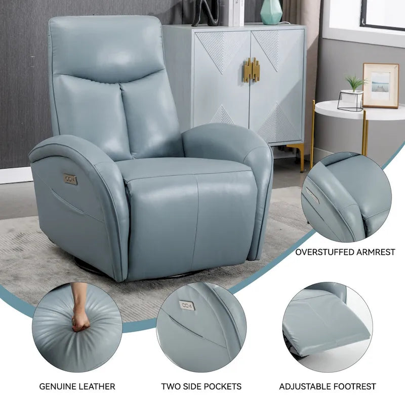 Blue Genuine Leather Power Recliner with Swivel & USB Charging