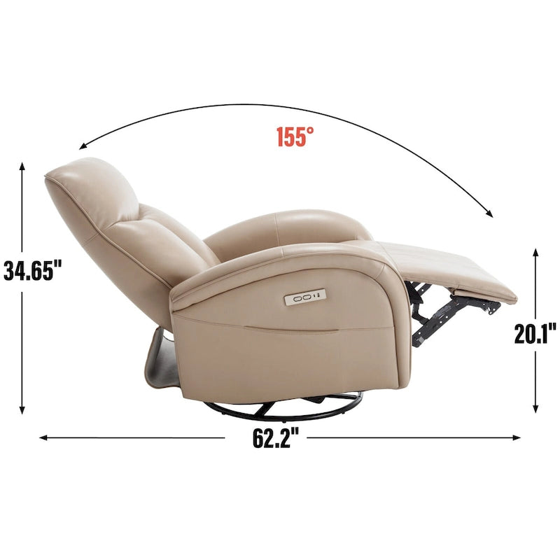 Blue Genuine Leather Power Recliner with Swivel & USB Charging