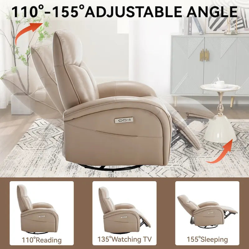 Blue Genuine Leather Power Recliner with Swivel & USB Charging