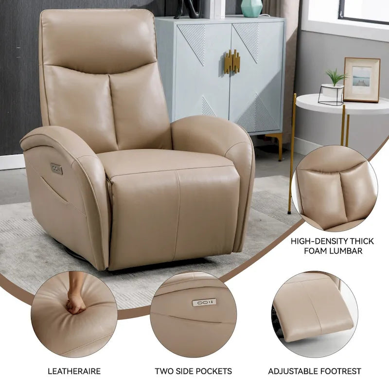 Blue Genuine Leather Power Recliner with Swivel & USB Charging