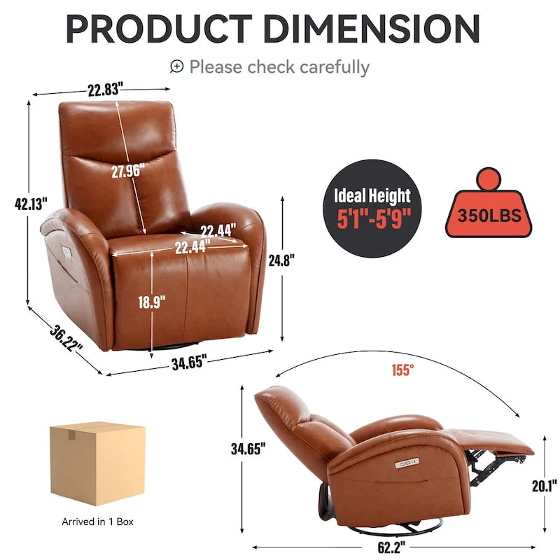 Blue Genuine Leather Power Recliner with Swivel & USB Charging