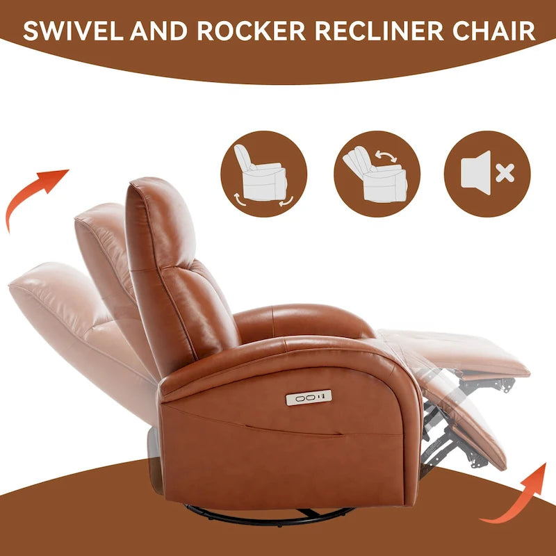 Blue Genuine Leather Power Recliner with Swivel & USB Charging