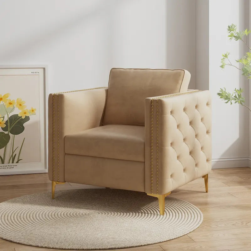 Khaki 35.4" Button Tufted Velvet Accent Chair