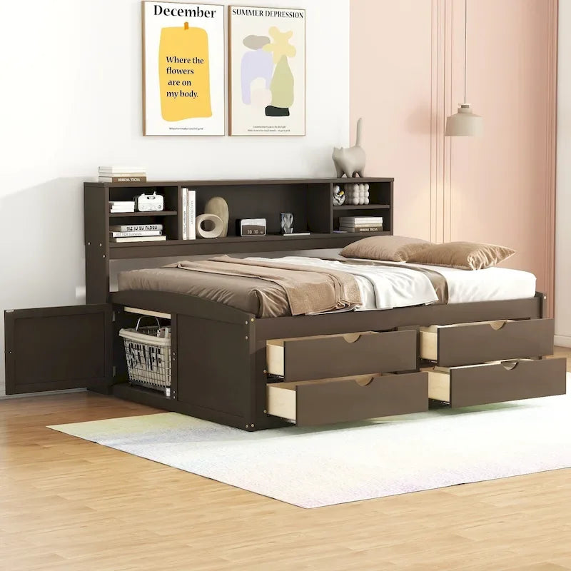 Full Wooden Daybed with Cabinets, Shelves, and Drawers