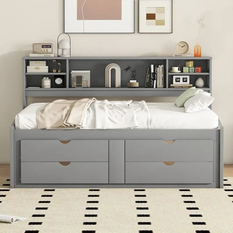 Full Wooden Daybed with Cabinets, Shelves, and Drawers