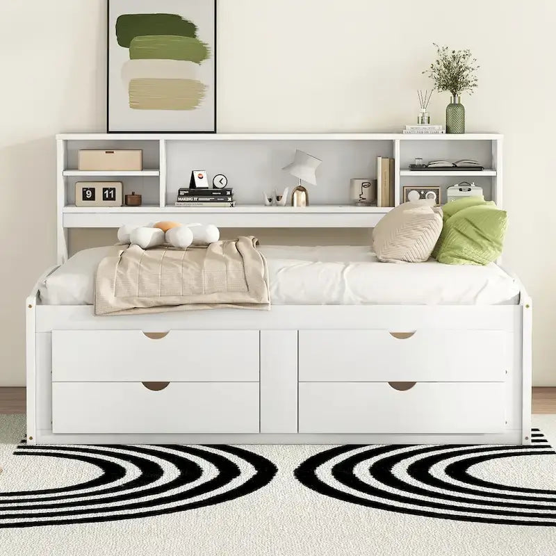 Full Wooden Daybed with Cabinets, Shelves, and Drawers