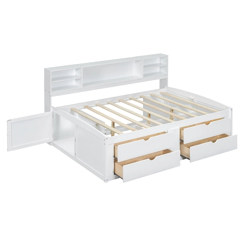 Full Wooden Daybed with Cabinets, Shelves, and Drawers