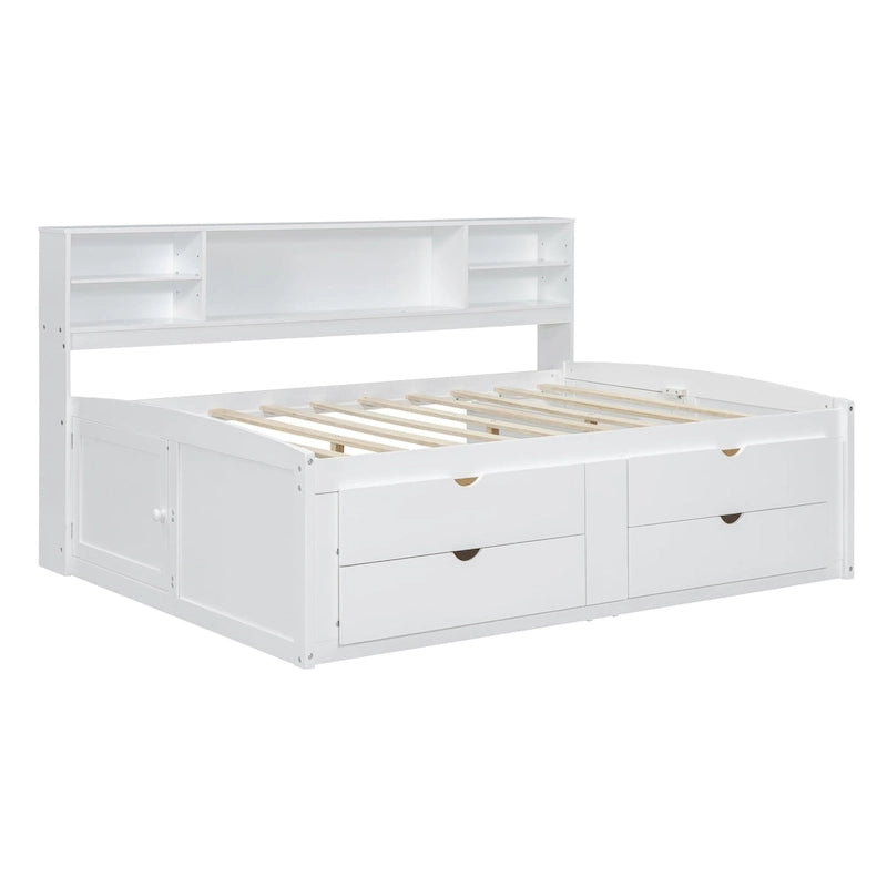 Full Wooden Daybed with Cabinets, Shelves, and Drawers