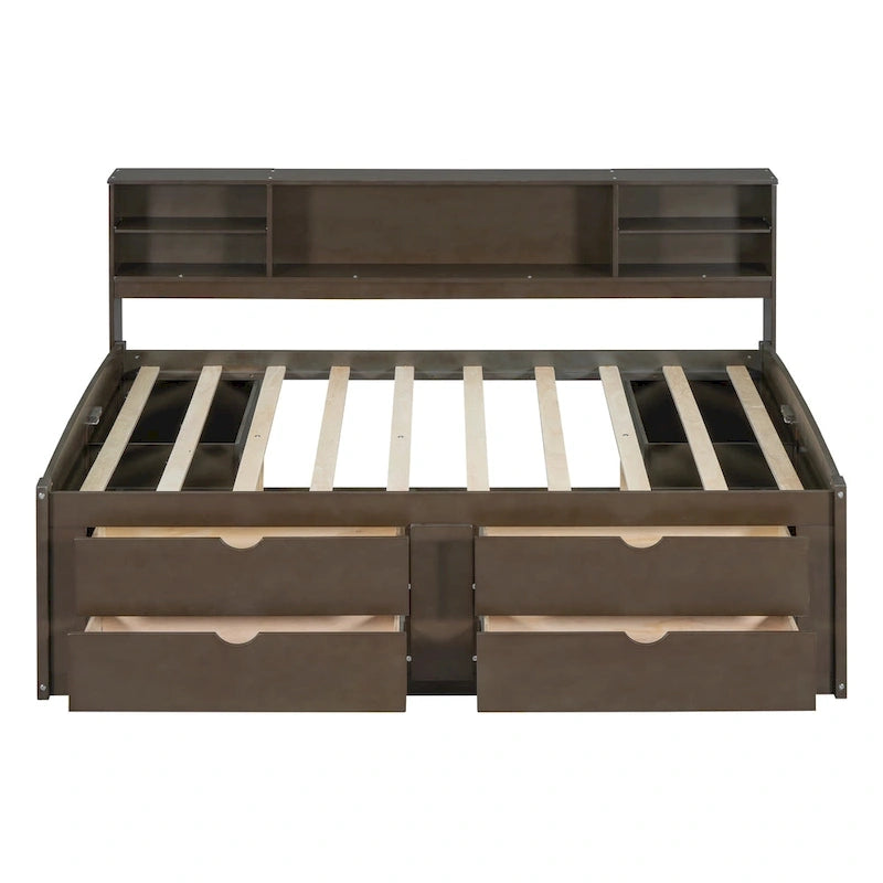 Full Wooden Daybed with Cabinets, Shelves, and Drawers