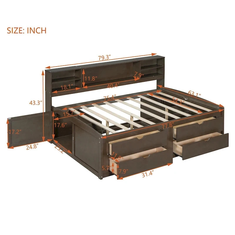 Full Wooden Daybed with Cabinets, Shelves, and Drawers